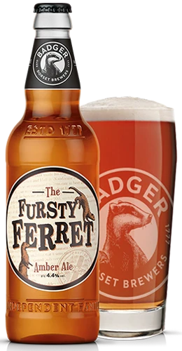 Bottle and pint glass of the fusty ferret amber ale on plain background