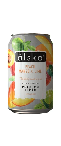 can of alska peach, mango & lime cider on plain background