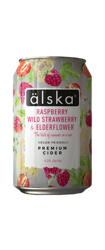 can of alska raspberry, wild strawberry & elderflower cider on plain background