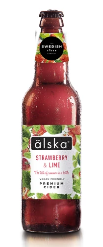 bottle of alska strawberry & lime cider on plain background