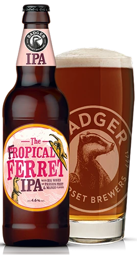 bottle and pint glass filled with badgers fropical ferret ipa on plain background