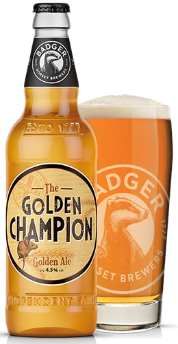 bottle and pint glass filled with badgers golden champion golden ale on plain background