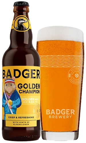 bottle and pint glass filled with badgers golden champion golden ale on plain background