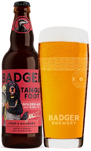 bottle and pint glass filled with badgers tangle foot golden ale on plain background
