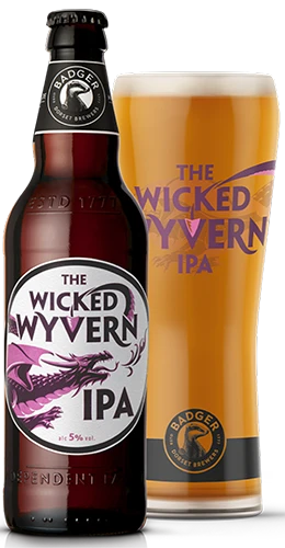 bottle and pint glass filled with badgers wicked wyvern ipa on plain background