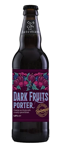 bottle of batemans dark fruits porter on plain background