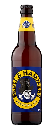 bottle of Batemans skull & hammer ipa on plain background