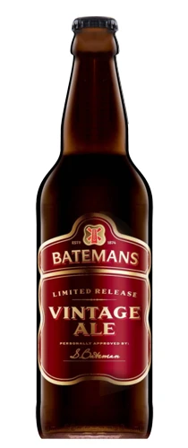 bottle of Batemans vintage ale on plain background