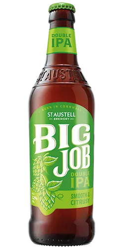 bottle of st austell big job double ipa on plain background