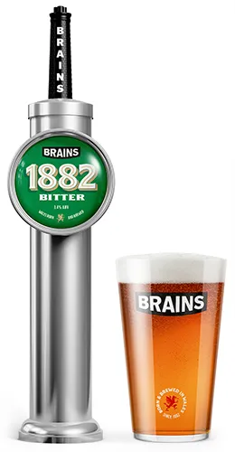 Brains 1882 Bitter Keg pump and pint glass