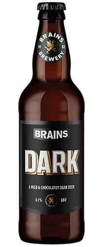 Bottle of Brains Dark Ale on plain background