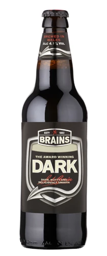 bottle of brains dark ale on plain background