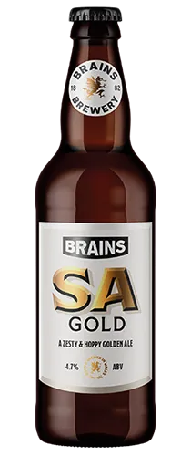Bottle of Brains SA Gold on plain background
