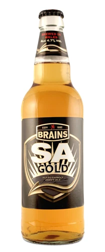 bottle of brains sa gold on plain background