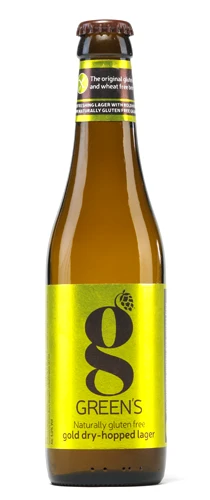 bottle of greens gold dry hopped lager on plain background