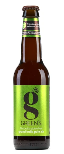 bottle of greens grand India pale ale on plain background