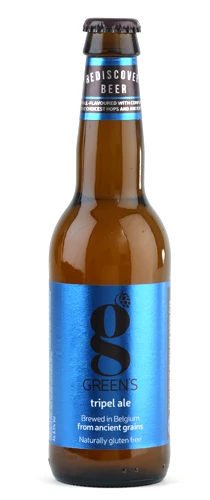 bottle of greens tripel ale on plain background