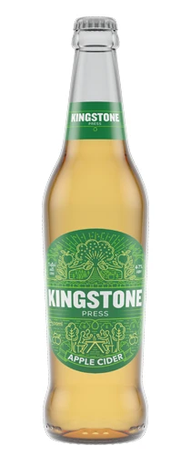 bottle of Kingstone press apple cider on plain background