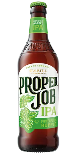 bottle of st Austell proper job ipa on plain background