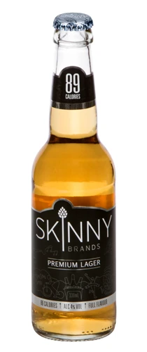 bottle of skinny premium lager on plain background