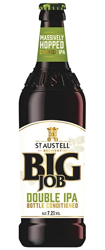 bottle of st austell big job double ipa on plain background
