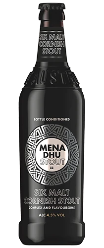 bottle of st austell mena dhu cornish stout on plain background