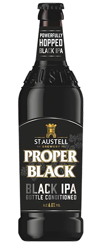 bottle of st Austell proper black ipa on plain background
