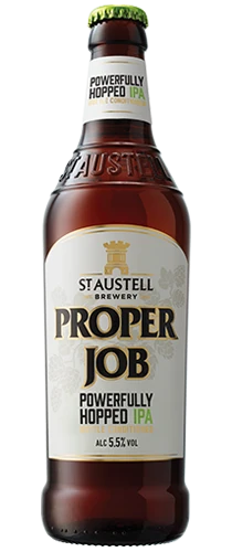 bottle of st Austell proper job ipa on plain background