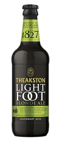 bottle of theakston light foot blonde ale on plain background