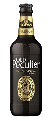 bottle of theakston old peculier on plain background