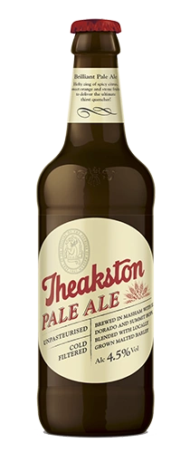 bottle of Theakston pale ale on plain background