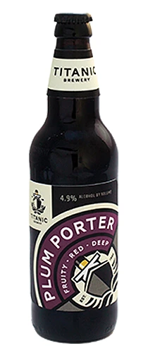 bottle of titanic brewery plum porter on plain background