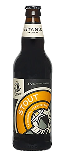 bottle of titanic stout on plain background