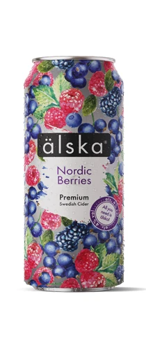 can of alska nordic berries on plain background