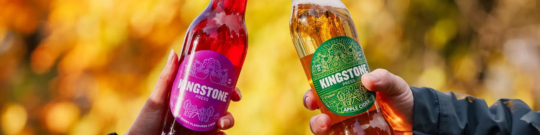 2 bottles of Kingstone press ciders being held by two people outdoors