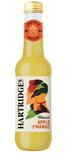 bottle of hartridges apple & mango juice on plain background