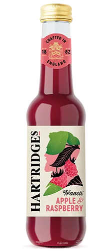 bottle of hartridges apple & raspberry juice on plain background