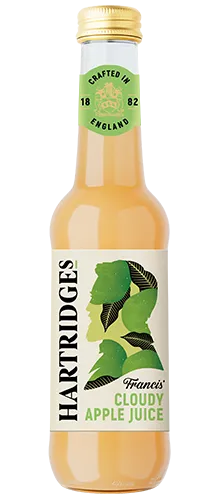 bottle of hartridges cloudy apple juice on plain background