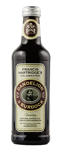 bottle of hartridges dandelion & burdock on plain background