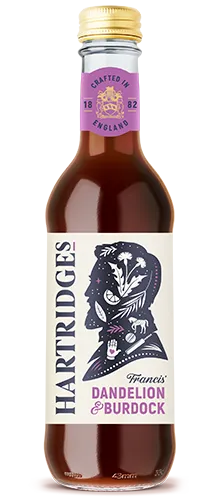 bottle of hartridges dandelion & burdock on plain background