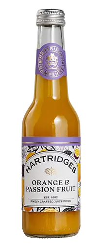 bottle of hartridges orange & passionfruit juice on plain background