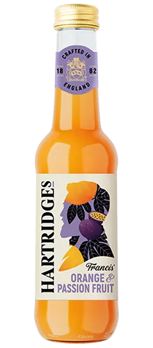 bottle of hartridges orange & passionfruit juice on plain background