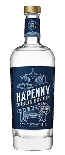 bottle of ha'penny Dublin dry gin on plain background