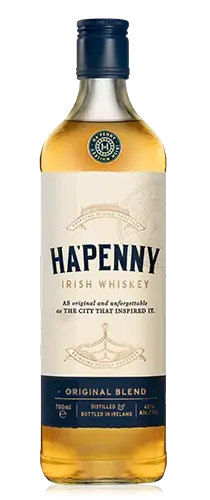 bottle of ha'penny Irish whiskey on plain background