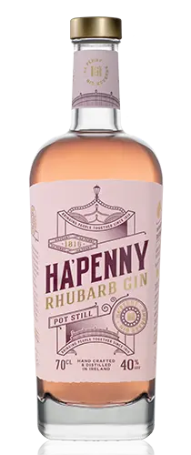 bottle of ha'penny rhubarb gin on plain background