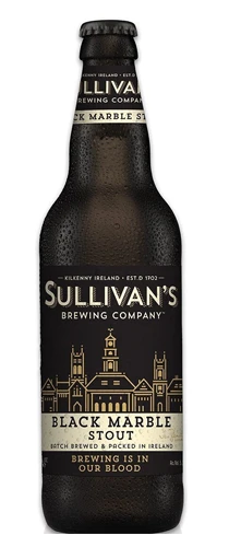 bottle of sullivans black marble stout on plain background