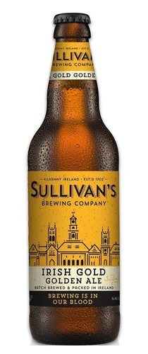 bottle of sullivans Irish gold golden ale on plain background