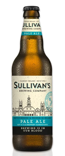 bottle of Sullivans pale ale on plain background