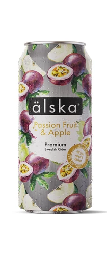 can of alska passion fruit & apple cider on plain background