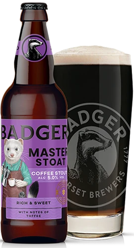 Bottle and pint glass of Badgers master stoat coffee stout on plain background